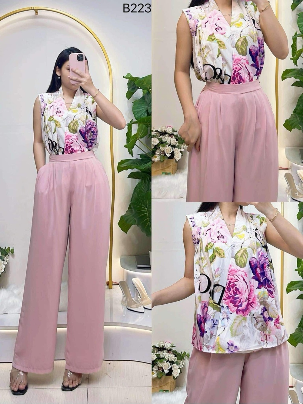 Floral Sleeveless Blouse & Pink Wide-Leg Pants Set